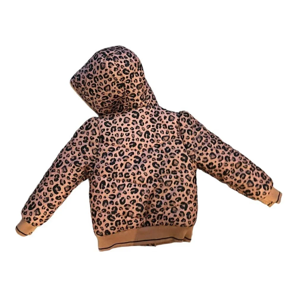 NONO Leopard Puffer Coat Jacket Recycled Fabric Size 4-5 Faux Fur Lined